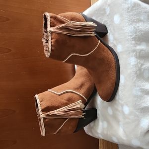 Schutz Suede Saddle Leather Fringe Side Zip Ankle Boots